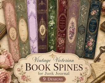 May include: A collection of nine vintage Victorian book spines in various colors, including pink, green, purple, and burgundy. Each spine features floral designs and decorative elements. The image includes text that reads "Vintage Victorian BOOK SPINES for Junk Journal 9 DESIGNS."