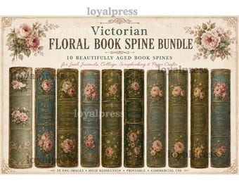 Victorian Floral Book Spine Bundle PNG, Vintage Antique Book Spines