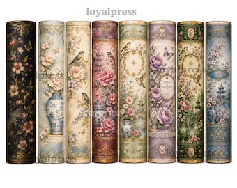 May include: A collection of eight decorative cylindrical boxes with floral and bird designs. Each box features a unique color palette, including shades of blue, pink, and green, with intricate details and vintage aesthetics. The boxes are arranged side by side.