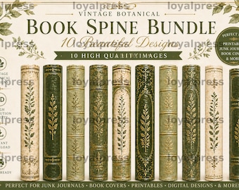 Vintage botanische Buchrücken Bündel bedruckbar | Antik Grün Buchrücken Clipart