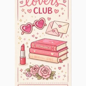 Peut inclure: Un design de billet rose avec le texte "BOOK LOVERS CLUB" et des illustrations de lunettes de soleil en forme de cœur, de livres, de rouge à lèvres et de roses. Le billet comprend également le texte "ADMETTRE UN" et "CONSERVEZ CE BILLET".