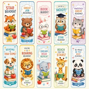May include: A set of ten rectangular bookmarks featuring illustrations of animals including a fox, bear, rabbit, owl, cat, dog, lion, elephant, giraffe, and panda. Each animal is reading a book and includes motivational text like Star Reader.