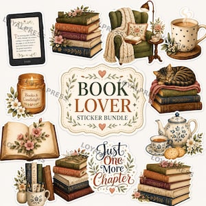 May include: A collection of stickers featuring a Kindle e-reader, stacks of vintage books with flowers, a green armchair with a throw blanket, a candle labeled Books & Candlelight, a teapot, a teacup, and text reading BOOK LOVER STICKER BUNDLE.