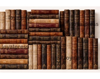 May include: A collection of antique books with aged, textured covers in various shades of brown, tan, and burgundy. The spines display titles in gold lettering, creating a classic, vintage aesthetic. The books are arranged in neat rows.