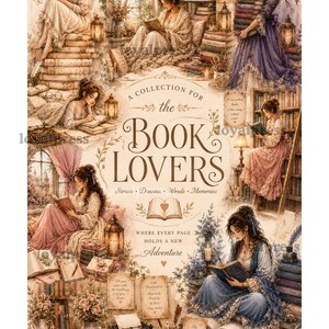 Peut inclure: Illustration à l'aquarelle sur le thème vintage, avec des femmes lisant des livres dans diverses scènes. Le texte central indique "A Collection for the Book Lovers". La palette de couleurs comprend des roses, bleus et crèmes doux, avec des lanternes et des livres anciens.