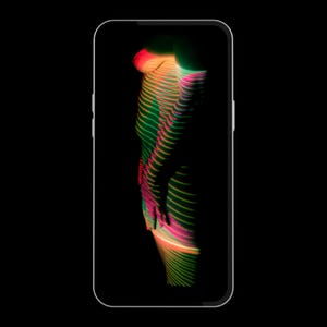 May include: A smartphone with a screen displaying a neon light art form of a human figure. The artwork uses green, orange, and pink lines to create the form against a black background. The phone has a silver frame.