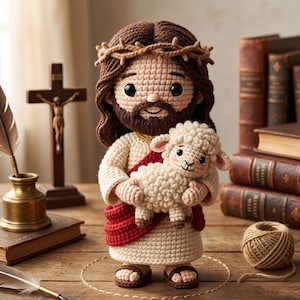 May include: A handcrafted crochet doll depicting a figure with brown hair, a beard, and a crown of thorns, holding a white lamb. The doll wears a cream-colored robe and a red sash. A wooden cross and books are in the background.
