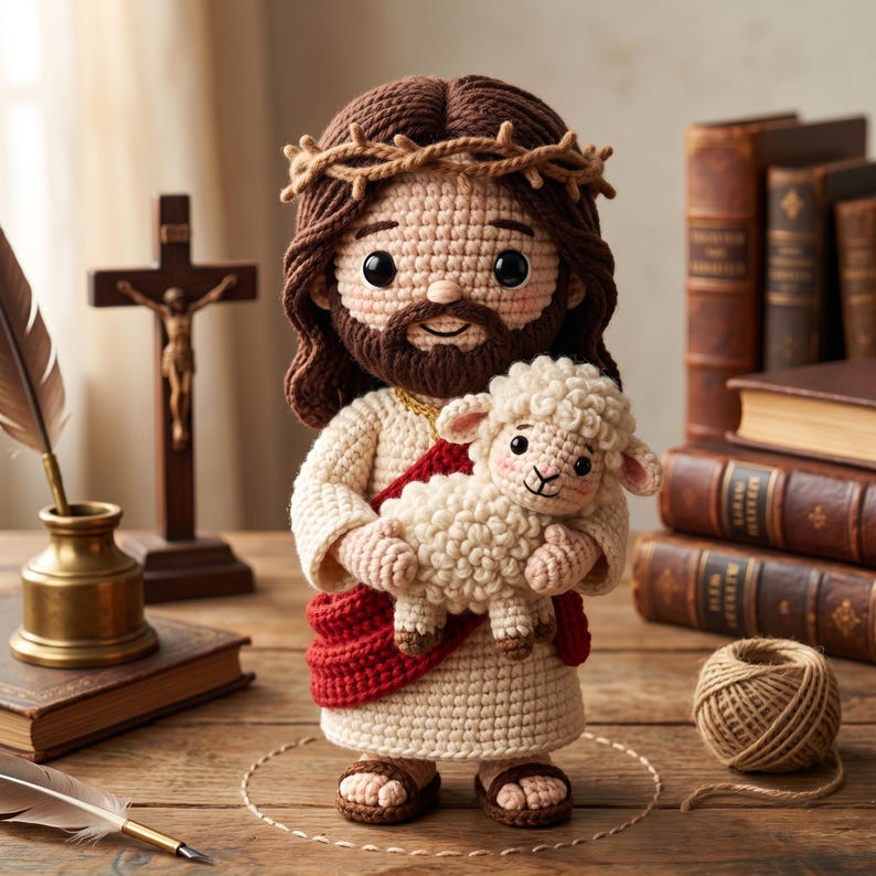 May include: A handcrafted crochet doll depicting a figure with brown hair, a beard, and a crown of thorns, holding a white lamb. The doll wears a cream-colored robe and a red sash. A wooden cross and books are in the background.