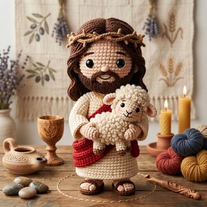 May include: A handcrafted crochet doll depicting Jesus holding a lamb. The doll features a brown beard, a crown of thorns, and a red sash. The background includes candles, yarn, and a wooden table.