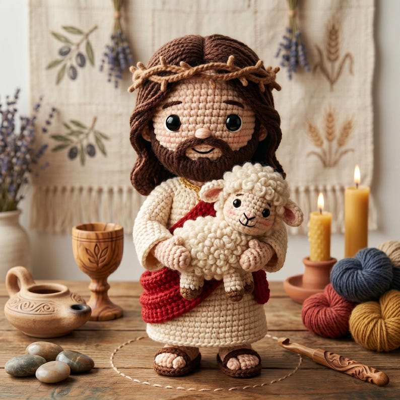May include: A handcrafted crochet doll depicting Jesus holding a lamb. The doll features a brown beard, a crown of thorns, and a red sash. The background includes candles, yarn, and a wooden table.
