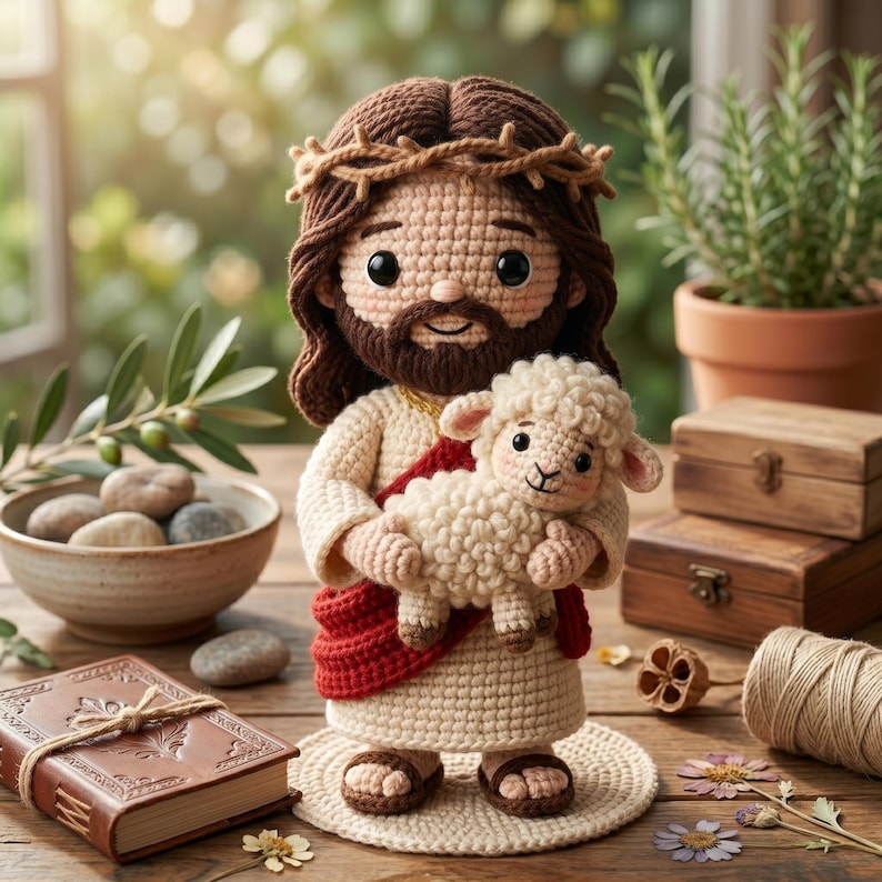 May include: A crocheted figure of Jesus holding a lamb, wearing a crown of thorns and a red sash. The figure has brown hair and a beard. The background includes a book, a bowl of stones, and a potted plant.