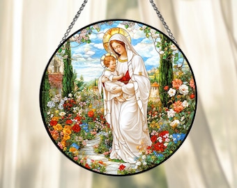 聖母マリアと子供のステンドグラスアート - 家や教会の装飾に最適な