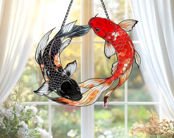 Atrapasol Yin Yang con forma de carpa koi, imitación de vitral, regalo de cumpleaños, decoración navideña, adorno colgante japonés para ventana con forma de carpa koi.