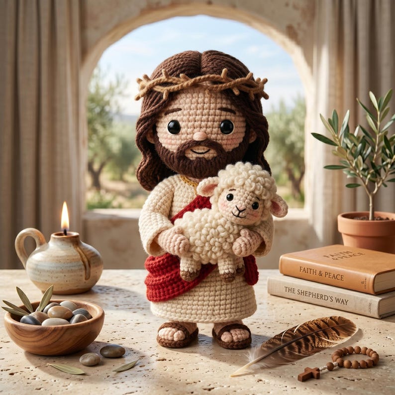 May include: A crocheted figure of Jesus holding a lamb, wearing a crown of thorns and a red sash. The figure is beige, brown, and red. A lit candle, a bowl of stones, and books are in the background.