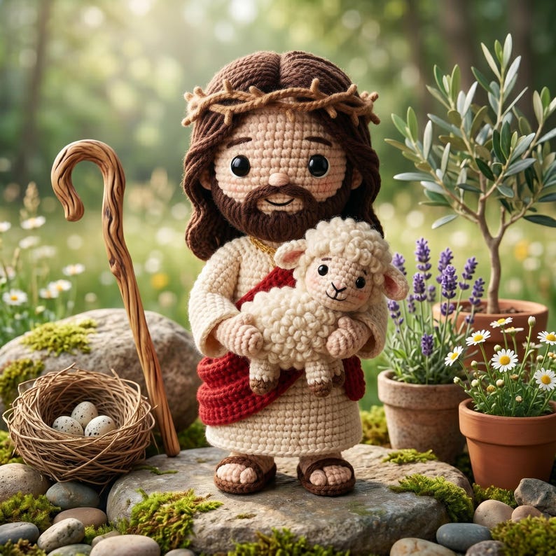 May include: A crocheted figure of Jesus holding a lamb, wearing a crown of thorns and a red sash. A shepherd's staff, a nest with eggs, and potted plants are in the background. The figure is standing on a mossy rock.