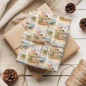 May include: Gift wrapped in brown paper and tied with twine. The wrapping paper features a repeating pattern of a blue truck selling coconuts, palm trees, and the Puerto Rican flag. The words "Coco Frio" are visible on the truck.