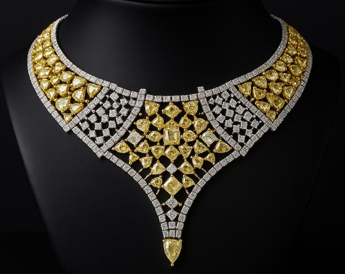 Featured listing image: EXTRA LARGE 62.1CT White & Fancy Yellow Diamond Necklace, 18K Two Tone Gold V Shape Statement Handmade Necklace Diamond Jewelry Gift For Her