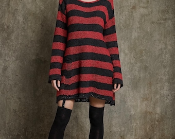 Goth Striped Oversized Sweater Dress, Grunge Knit Pullover, Distressed Streetwear Alt Y2K Emo