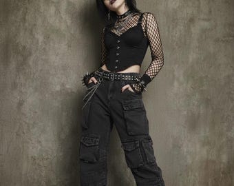 Pantaloni cargo patchwork fumosi da ragazza gotica, pantaloni larghi da strada, pantaloni multitasche effetto consumato