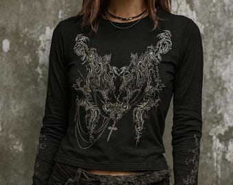 Gothic Printed Long Sleeve Top, Grunge Y2K Punk Shirt Emo Alt Edgy