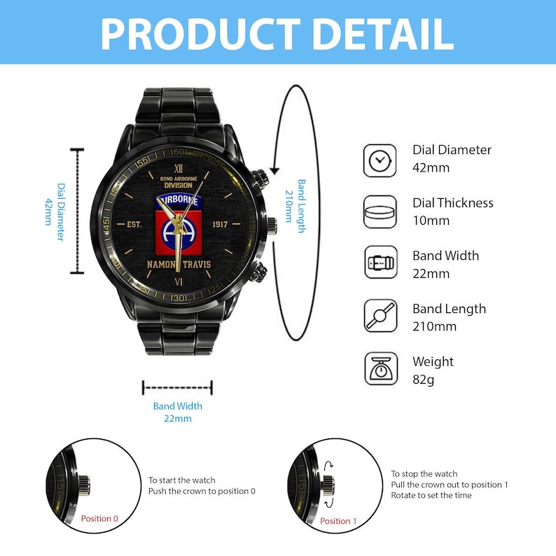 May include: Black wristwatch with a round face, featuring the text "18th Airborne Division" and "Namon Travis". The watch has a 42mm dial diameter, 10mm thickness, 22mm band width, and a 210mm band length. The watch weighs 82g.