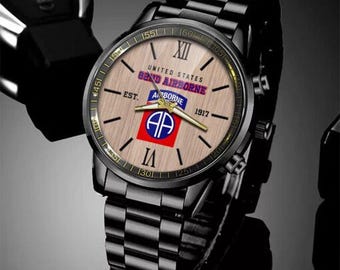 82nd Airborne Watch, Military Watch, Veteran Watch, Dad Gifts, Military Watches For Men Black Stainless Steel Watch