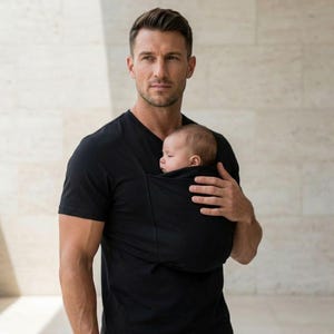 May include: A black baby carrier holds a sleeping infant. The carrier is worn by a person wearing a black V-neck t-shirt. The background is a neutral, light-colored wall.