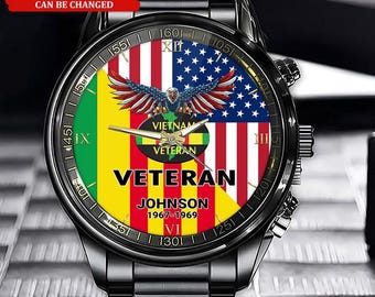 Personalized Name Time Eagle Flag Vietnam Veteran Business Watch, Military Watch, Military Watches For Men, Fathers Watches Stainless Steel