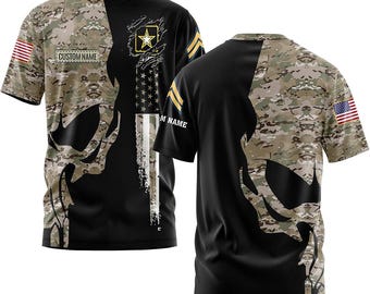 Personalized Veteran & Military Rank Insignia Skull T-Shirt for Men, Army Military American Flag Shirt, Camo Skull Shirt, Us Army Jacket