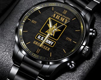 US Army Black Fashion Watch Personalized Your Name, Military Watches, Army Watches, Military Watches For Men - Black Stainless Steel Watch
