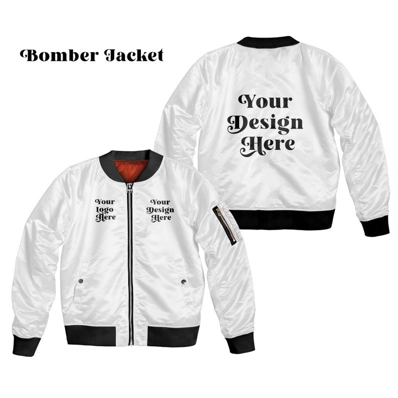 May include: White bomber jacket with black trim and a black zipper. The jacket has the text "Bomber Jacket" at the top and "Your Logo Here" and "Your Design Here" on the front. The back of the jacket has the text "Your Design Here".