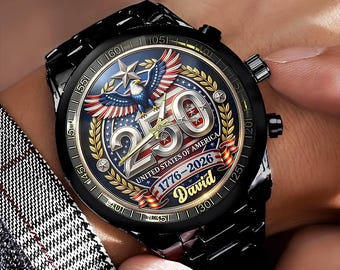 Custom Name 250th United States Of America 1776–2026 Anniversary Patriotic Wrist Watch - Watches Black Stainless Steel