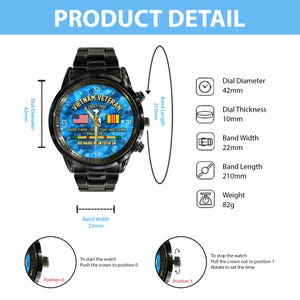 May include: Black wristwatch with a blue face featuring the text "VIETNAM VETERAN" and the years "1965-196" along with the American and Vietnamese flags. The watch has a 42mm dial diameter, 22mm band width, and weighs 82g.
