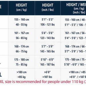 May include: Size chart with measurements in both centimeters/kilograms and inches/pounds. Sizes range from S to XXL, with corresponding height and weight ranges. The chart includes a note recommending XXL for people under 242 lbs.