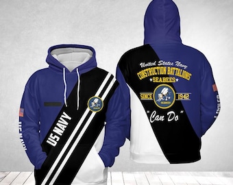 Sudadera con capucha 3D personalizada con nombre de la Marina de los EE. UU. SEABEES (Fuerza de Construcción Naval) - Camiseta personalizada - Sudadera con capucha - Camiseta de veterano estadounidense