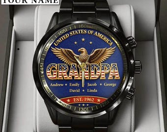 Personalized Est & Names For Independence Day Grandpa  Watches Stainless Steel