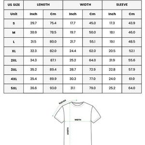 May include: A white graphic showing the measurements for an all-over print t-shirt. The chart includes US sizes, length in inches and centimeters, width in inches and centimeters, and sleeve length in inches and centimeters. The text "ALL OVER PRINT T-SHIRT" is at the top.
