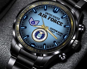 Personalized Name US Air Force, E 6 Air Force Technical Sergeant – Black Stainless Steel Watch, Fathers Watches Stainless Steel