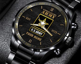 US Army Black Fashion Watch Personalized Your Name, Military Watches, Army Watches, Military Watches For Men - Black Stainless Steel Watch