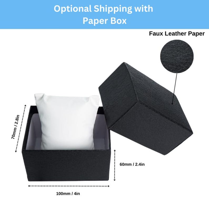 May include: Black watch gift box with a white pillow inside. The box is made of faux leather paper and measures 4 inches long, 2.8 inches high, and 2.4 inches wide. The text "Optional Shipping with Paper Box" is visible.