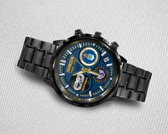 Personalized Name Air Force Badge, O 6 Air Force Colonel – Black Stainless Steel Watch, Fathers Watches Stainless Steel