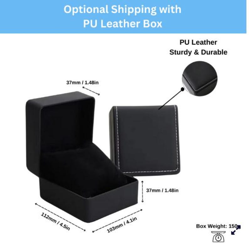 May include: A black PU leather jewelry box with a hinged lid and a black interior cushion. The box measures 112mm by 103mm by 37mm, or 4.5 inches by 4.1 inches by 1.48 inches. The box weighs 150 grams. The exterior features white stitching.