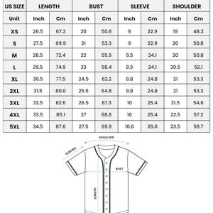 May include: A chart detailing the measurements for an all-over print unisex baseball jersey. The chart includes US sizes, length in inches and centimeters, bust in inches and centimeters, sleeve in inches and centimeters, and shoulder in inches and centimeters.
