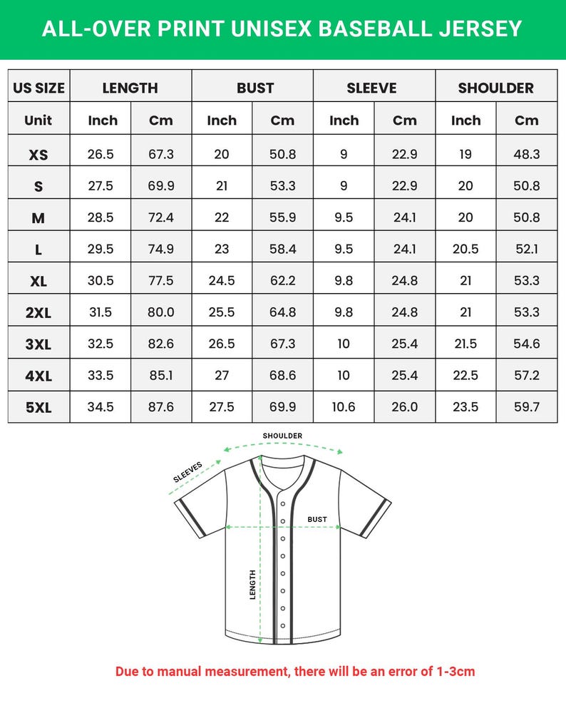 May include: A chart detailing the measurements for an all-over print unisex baseball jersey. The chart includes US sizes, length in inches and centimeters, bust in inches and centimeters, sleeve in inches and centimeters, and shoulder in inches and centimeters.