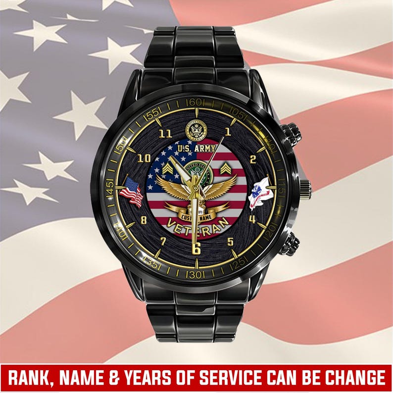 May include: A black stainless steel wristwatch featuring a dark wood-grain dial with the U.S. Army emblem, a golden eagle, and the word VETERAN. The face displays a central American flag graphic, gold-tone hands, and numerical hour markers.