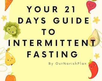 Può includere: Una grafica giallo chiaro con il testo "YOUR 21 DAYS GUIDE TO INTERMITTENT FASTING" circondata da illustrazioni di cartoni animati di frutta e verdura. Il testo "By OurNorishPlan" è in basso.