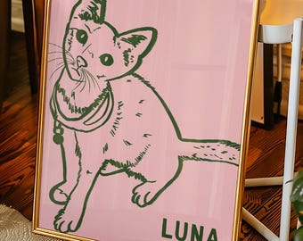 Gatto disegnato male, disegno personalizzato di un gatto, ritratto o poster minimalista personalizzato di un animale domestico, regali personali per mamma e papà gatto