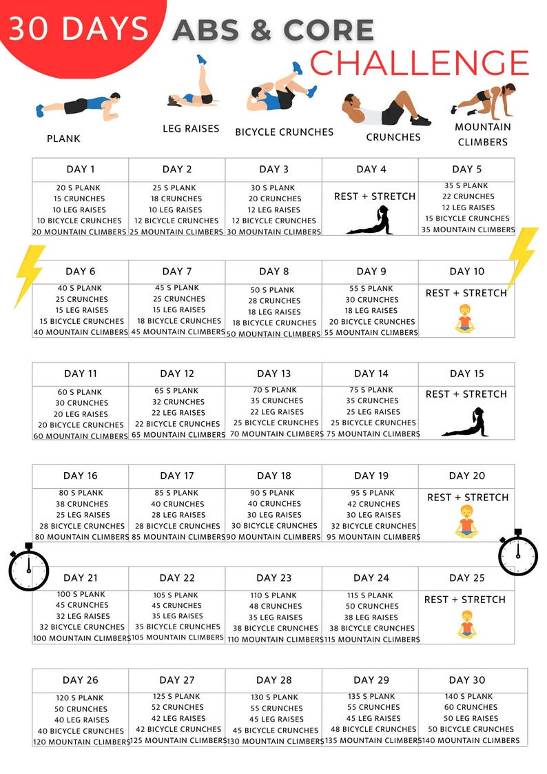 May include: A 30-day abs and core challenge chart with daily exercises, including planks, crunches, leg raises, bicycle crunches, and mountain climbers. The chart is color-coded with a timer graphic.