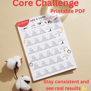 May include: A printable PDF fitness plan titled "30-Day Abs & Core Challenge" with exercise illustrations. The plan includes daily exercises like planks, leg raises, and bicycle crunches. Text on the image reads "Stay consistent and see real results."