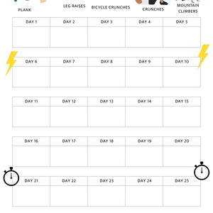 May include: A white 30-day abs and core challenge chart with illustrations of exercises like planks, leg raises, and bicycle crunches. The chart includes a day-by-day workout schedule with boxes to track progress. The title is in red.
